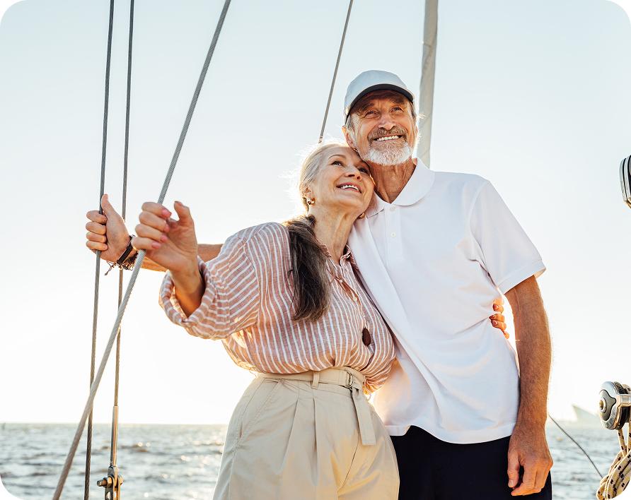 Illustration of a happy older man and woman enjoying vacation in a boat